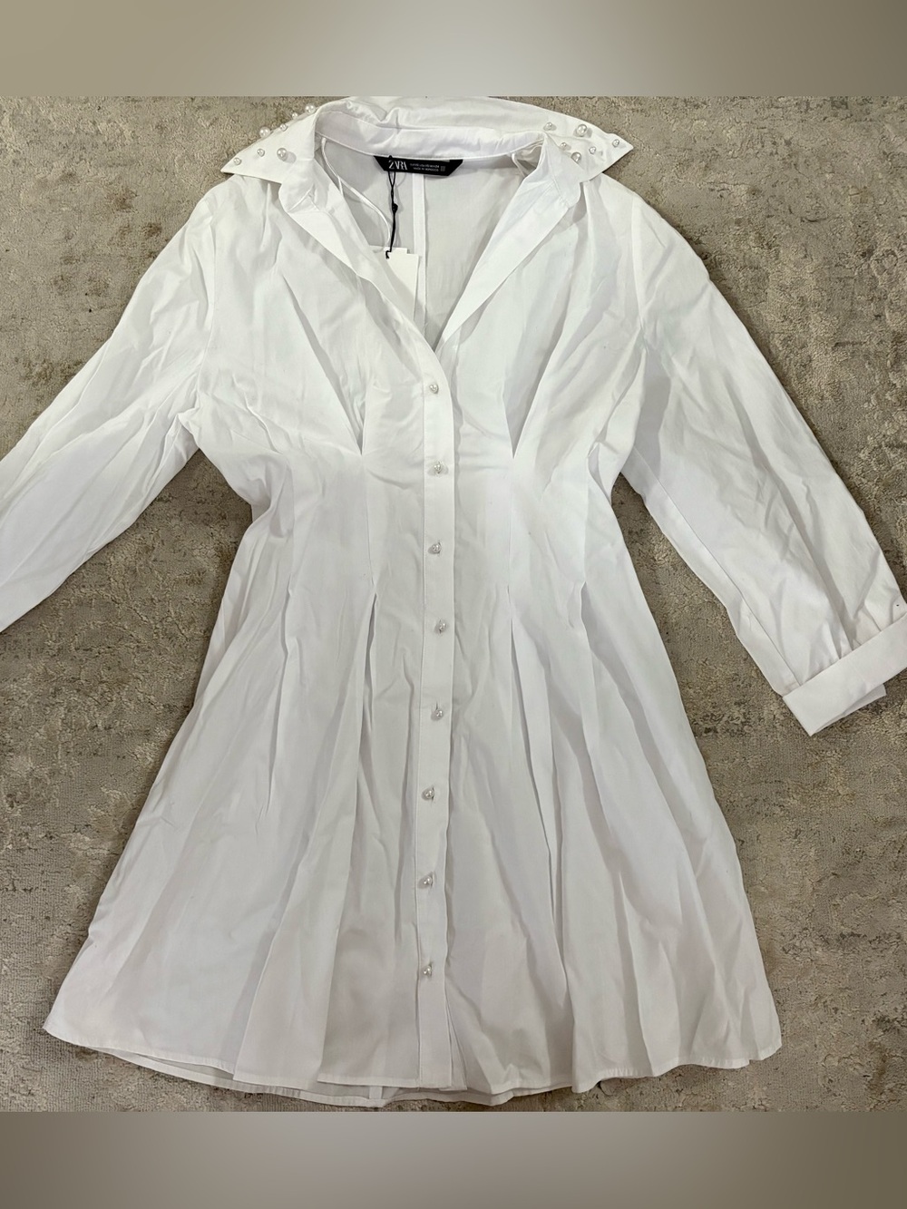 NWT❗️Zara White Button-Down Pleated Shirt Dress with Pearl Collar